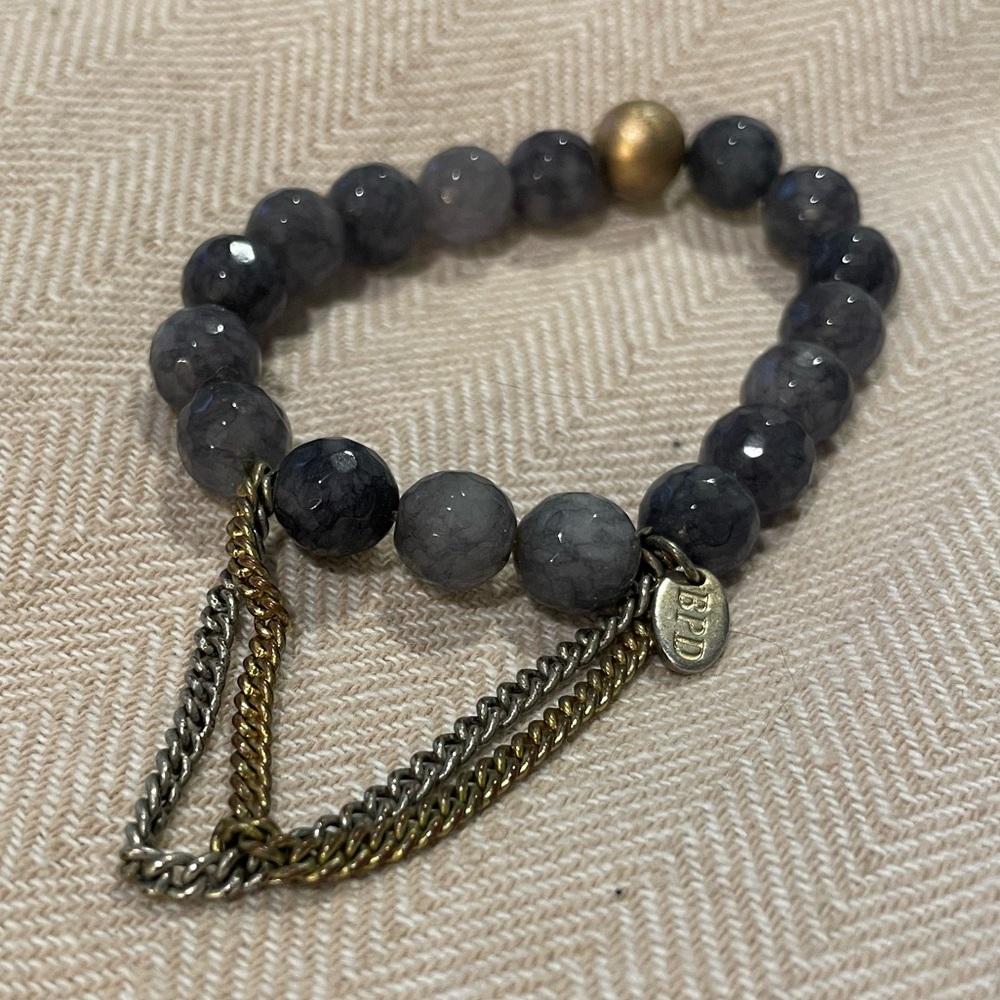 Betsy Pittard Designs grey bead bracelets with gold and silver chain.